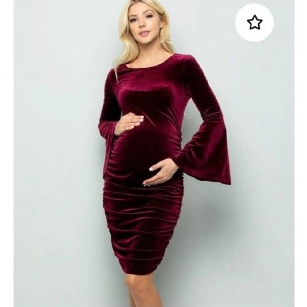 My Bump M Maternity Dress Velvet Burgundy Bell Sleeve Soft Stretch Holiday Party